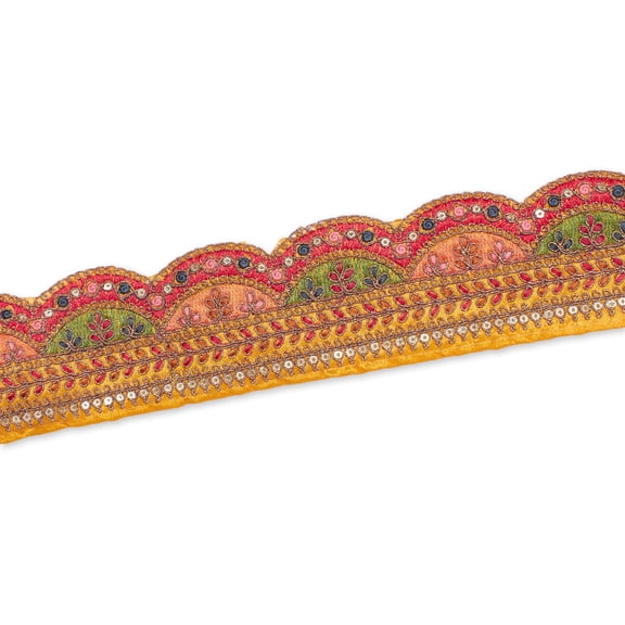 2.25 Inch Multicolor Metallic Leaf Sequin Corded Woven Embroidered Trim For Sewing, Crafts, Decor, & Upholstery - Yellow 1 Pack (9.8 Yards / 9 Meters)