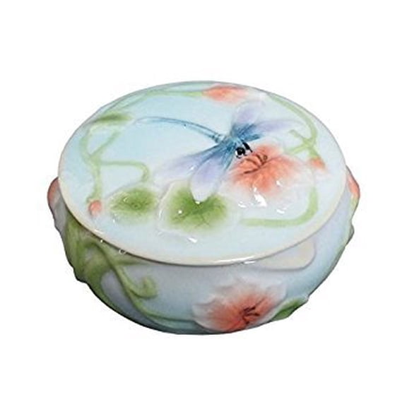 2.25 Inch Round Glazed Porcelain Trinket Box Poppy and Dragonfly Motif