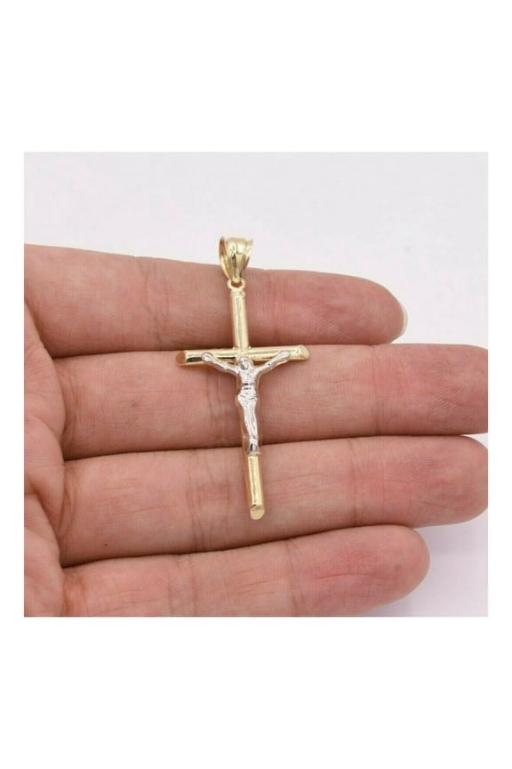 2.25" Jesus Crucifix Cross Pendant Unisex Adult 10K Yellow White Gold, 2.10 Gr - Goldum NYC