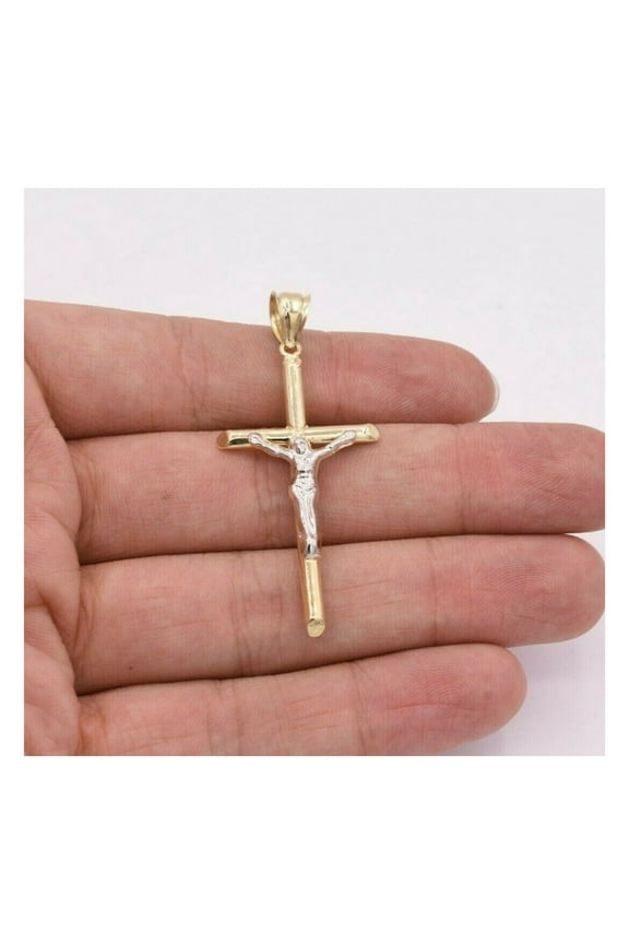 2.25" Jesus Crucifix Cross Pendant Unisex Adult 10K Yellow White Gold, 2.10 Gr - Goldum NYC