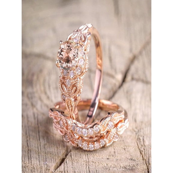 2.25 carat Morganite and Diamond Trio Ring Set in 10k Rose Gold with One Engagement Ring and 2 Wedding Bands