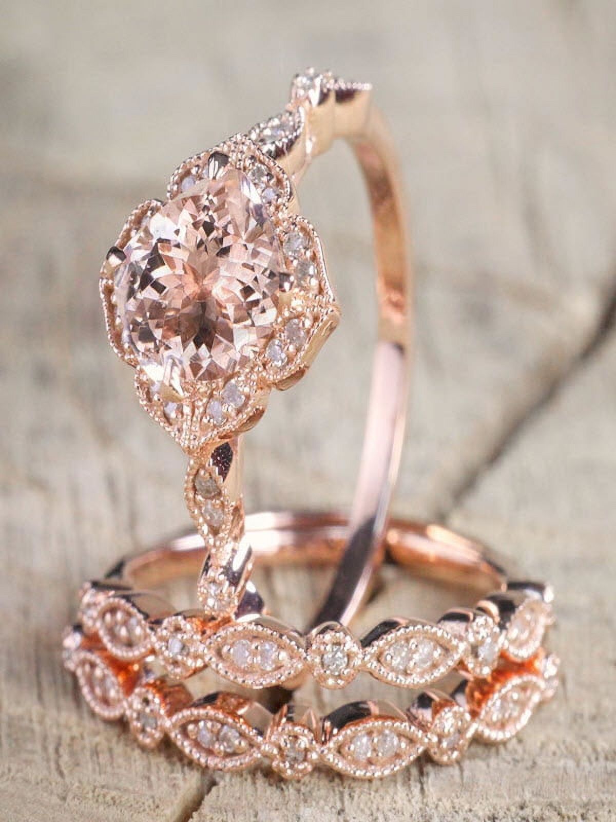 2 carat Morganite and Diamond Trio Wedding Bridal Ring Set in 10k Rose ...