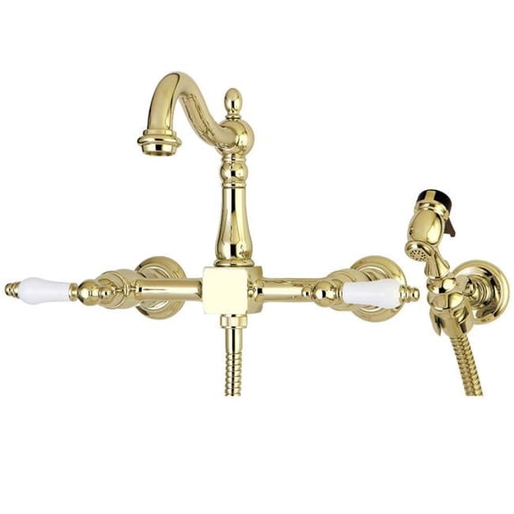 2.25 in. Heritage Wall Mount Bridge Kitchen Faucet with Brass Sprayer, Polished Brass