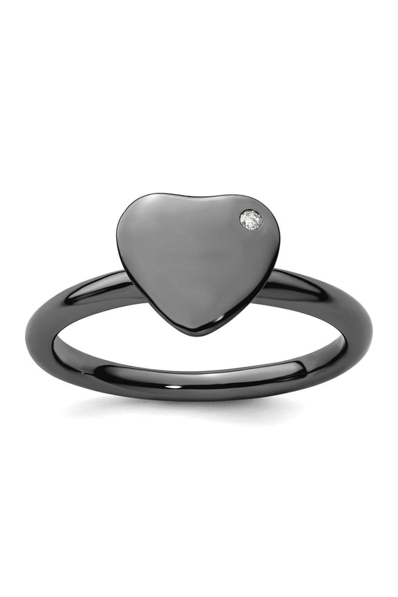 2.25mm 925 Sterling Silver Bezel Polished Ruthenium plating Stackable Ruthenium Plated Love Heart Diamond Ring Size 8 St