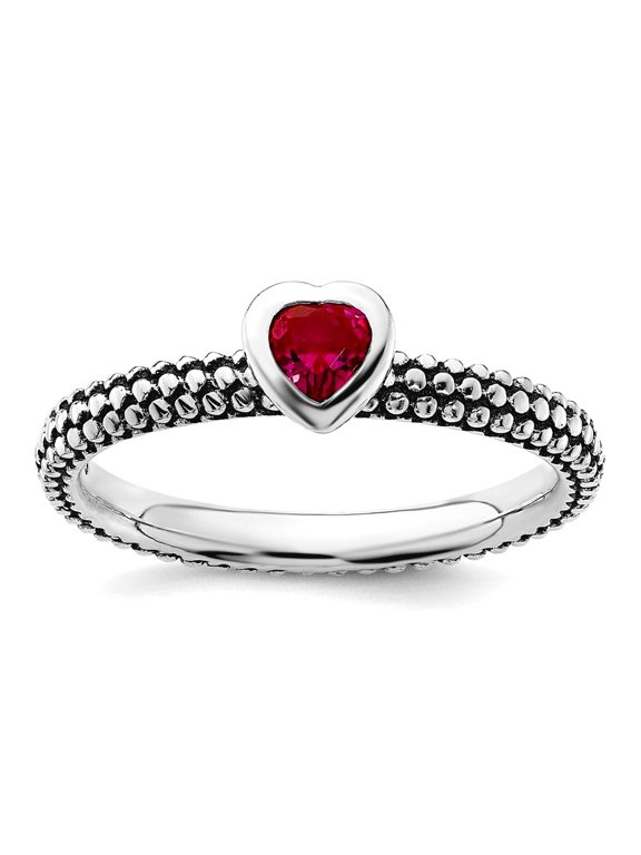 2.25mm 925 Sterling Silver Bezel Oxidized Stackable Polished Created Ruby Love Heart Ring Size 7 Stackable Ring for Wome