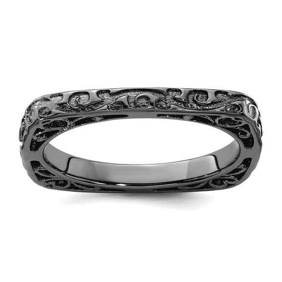 2.25mm 925 Sterling Silver Patterned Ruthenium plating Stackable Polished Black Plate Square Ring Size 8 Stackable Ring