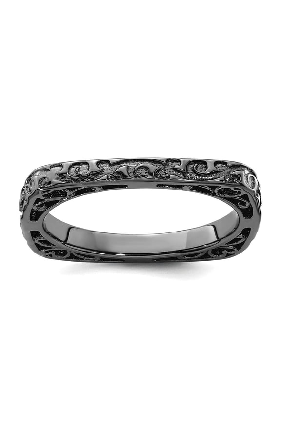 2.25mm 925 Sterling Silver Patterned Ruthenium plating Stackable Polished Black Plate Square Ring Size 8 Stackable Ring