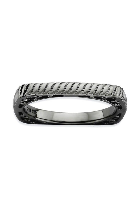 2.25mm 925 Sterling Silver Patterned Ruthenium plating Stackable Polished Black Plate Square Ring Size 9 Stackable Ring