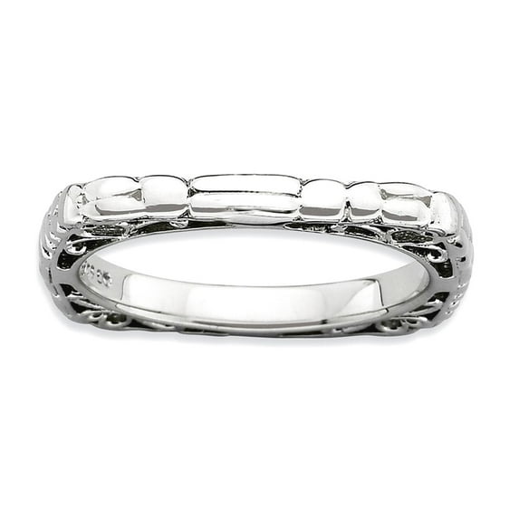 2.25mm 925 Sterling Silver Patterned Stackable Polished Rhodium Plate Square Ring Size 7 Stackable Ring for Women