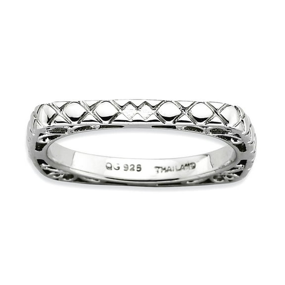 2.25mm 925 Sterling Silver Patterned Stackable Polished Rhodium Plate Square Ring Size 8 Stackable Ring for Women