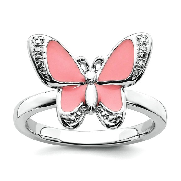 2.25mm 925 Sterling Silver Polished Stackable Pink Enamel Butterfly Angel Wings Ring Size 8 Stackable Ring for Women