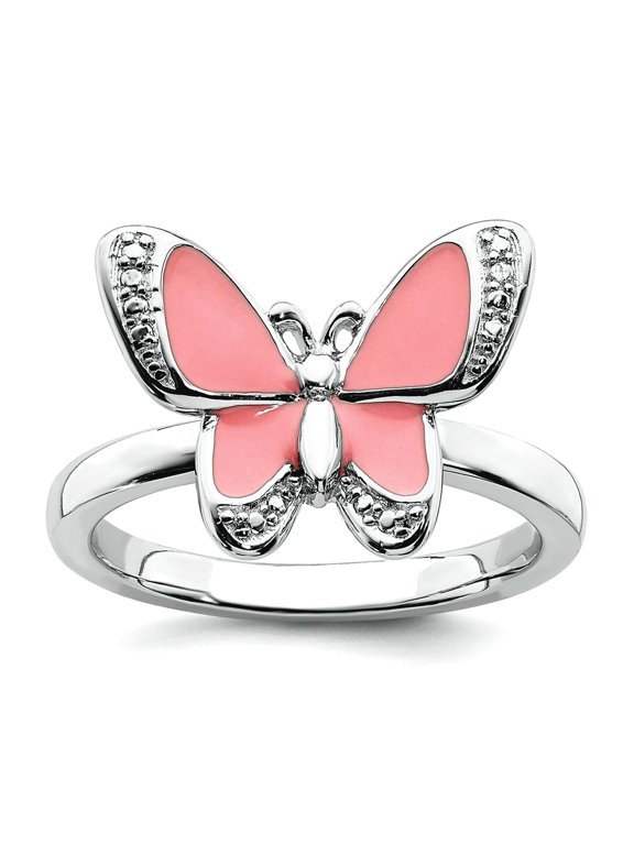 2.25mm 925 Sterling Silver Polished Stackable Pink Enamel Butterfly Angel Wings Ring Size 8 Stackable Ring for Women