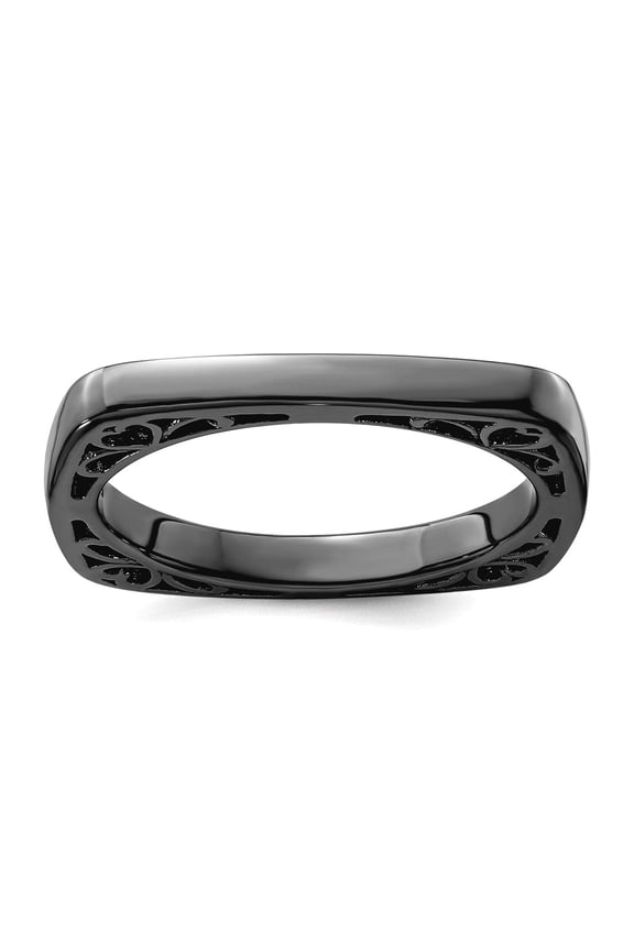 2.25mm 925 Sterling Silver Ruthenium plating Stackable Polished Black Plate Square Ring Size 7 Stackable Ring for Women