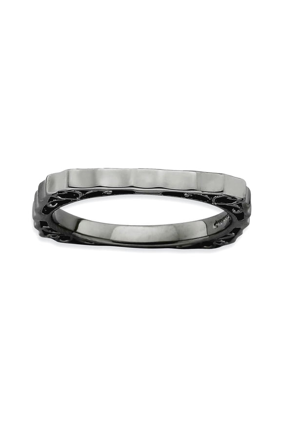 2.25mm 925 Sterling Silver Ruthenium plating Stackable Polished Black Plate Square Ring Size 9 Stackable Ring for Women