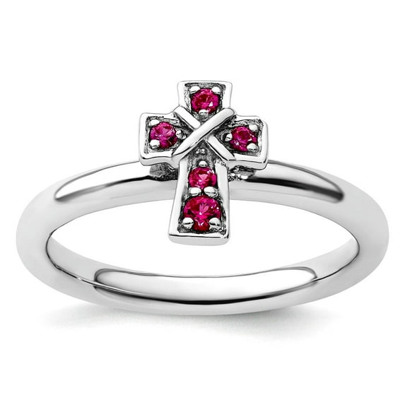 2.25mm 925 Sterling Silver Stackable Rhodium Created Ruby Religious Faith Cross Ring Size 5 Stackable Ring for Women