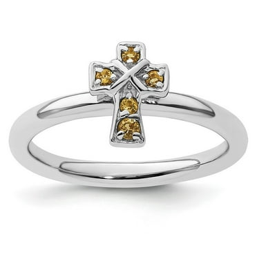 2.25mm 925 Sterling Silver Stackable Rhodium Citrine Religious Faith Cross Ring Size 7-Stackable-Ring for Women