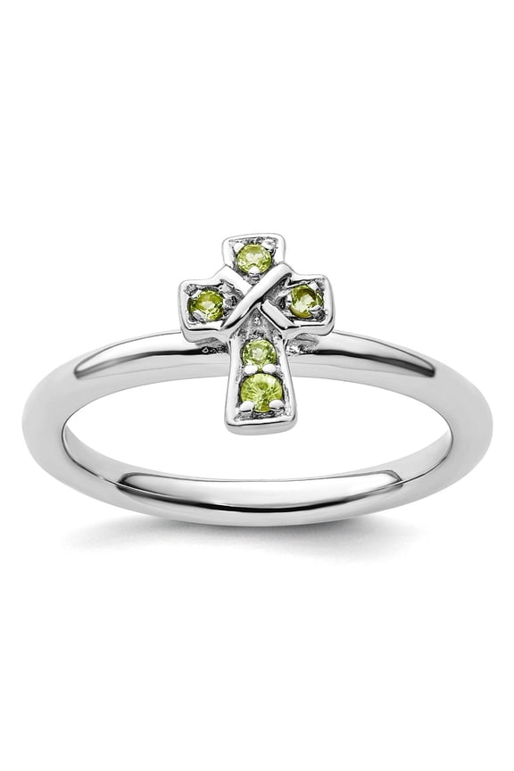 2.25mm 925 Sterling Silver Stackable Rhodium Peridot Religious Faith Cross Ring Size 5 Stackable Ring for Women