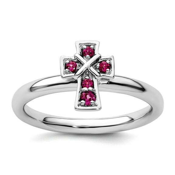 2.25mm 925 Sterling Silver Stackable Rhodium Rho. Garnet Religious Faith Cross Ring Size 7 Stackable Ring for Women