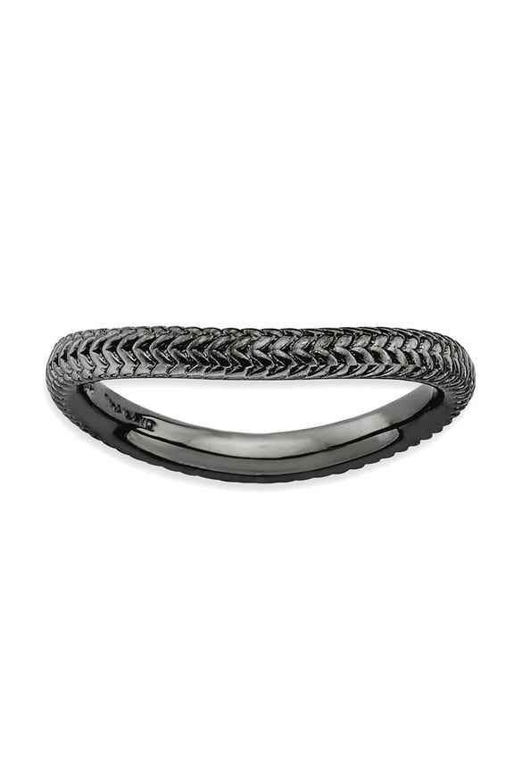 2.25mm 925 Sterling Silver Textured Patterned Ruthenium plating Stackable Polished Black Plate Wave Ring Size 10 Stackab