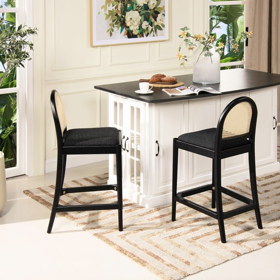 Of 2 26.5" Curved Back Cane Counter Stools, Ebony Black Boucle. Medium Brown Natural Oak Wood Frame. Webbing Back. Ergonomic Footrest With Brass Plate. Faux Upholstery. 39.5" H, 18" D, 21" W, 37 Lb