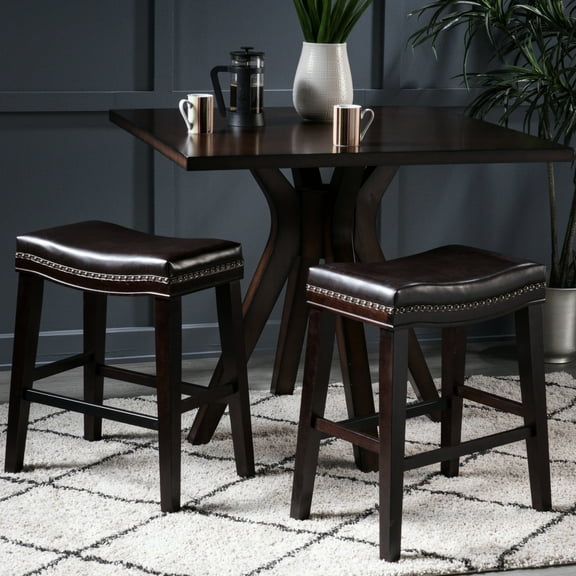 Of 2 26" Dark Brown Upholstered Stools, Fine Pu Leather, Wooden Build, Attractive Rivet Features 2 Counter Wood Frame, Intricate Decor For Versatile Use