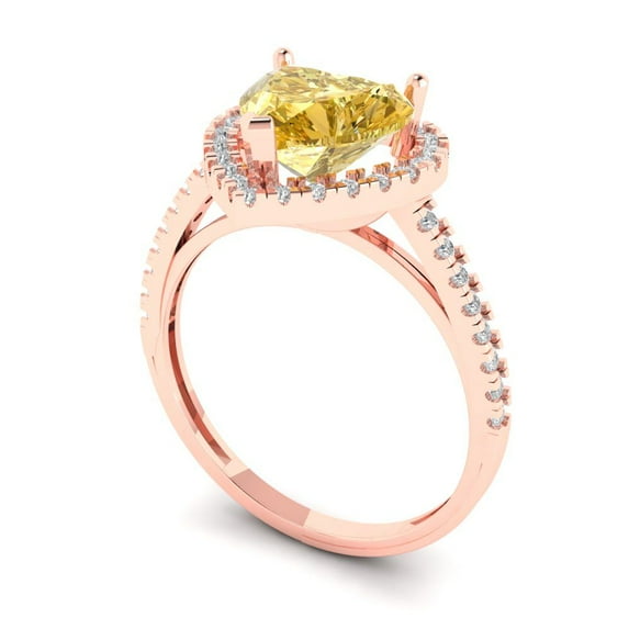 2.27 ct Brilliant Heart Cut Yellow Zircon 14k Rose Gold Halo Solitaire with Accents Bridal Wedding Engagement Promise Anniversary Ring for Women size 8