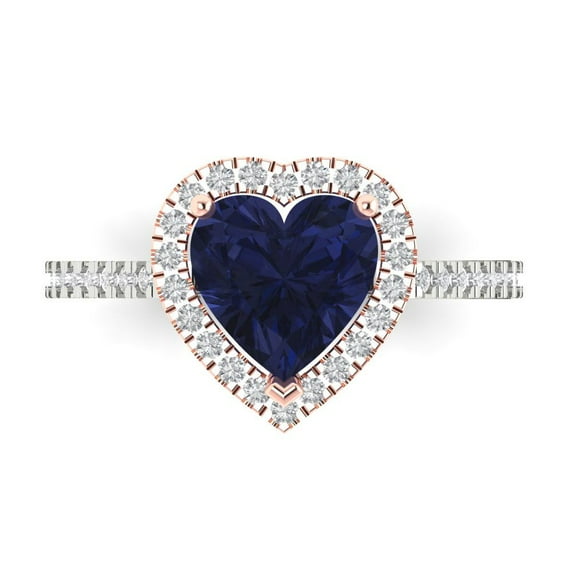 Halo Engagement Ring for Women - 2.285ct Simulated Blue Sapphire in 14K White/Rose Gold Promise Ring