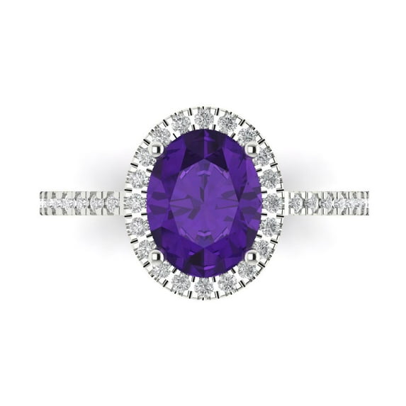 2.27 ctw with Simulated Diamond Halo Accents Anniversary Ring for Women | Oval Cut Natural Amethyst | Hyperallergenic Solid 14K White Gold