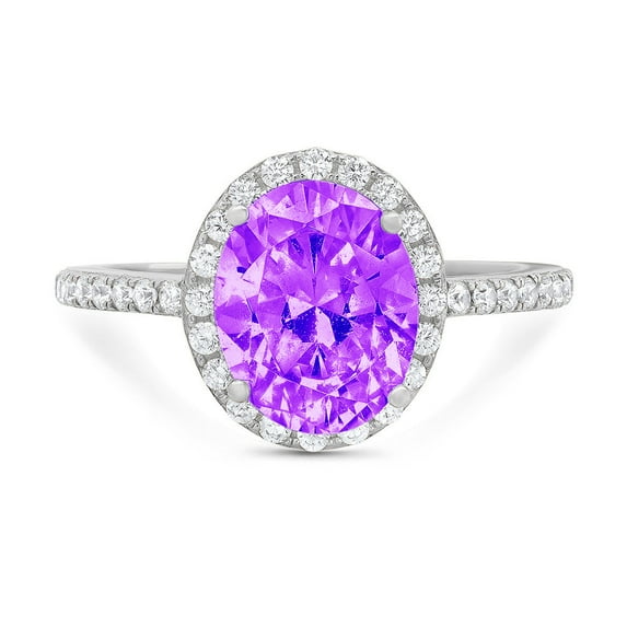 2.27 ct Oval Cut Natural Amethyst with Simulated Diamond Halo Accents 18K White Gold Womens Engagement Ring