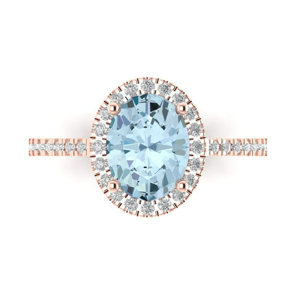 Clara Pucci 14K Rose Gold Solid Gold Aquamarine Solitaire with Accents Anniversary Ring for Women - 2.27 cttw Oval Cut