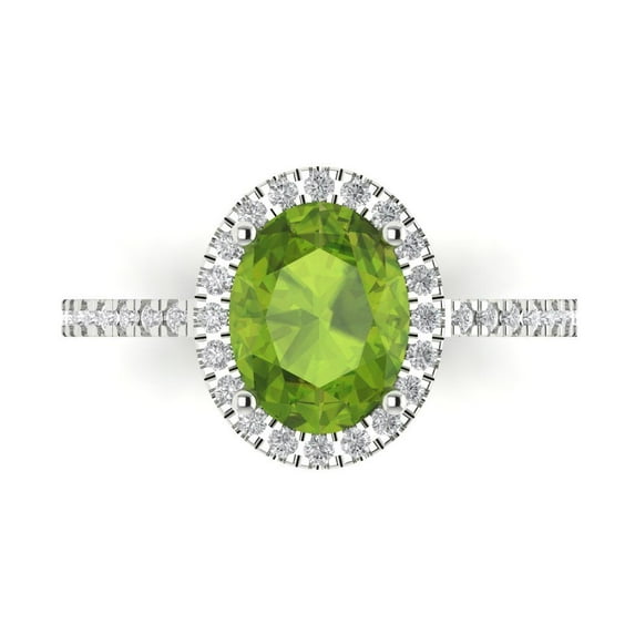 2.27 ct Oval Cut Natural Peridot with Simulated Diamond Halo Accents 18K White Gold Womens Engagement Ring