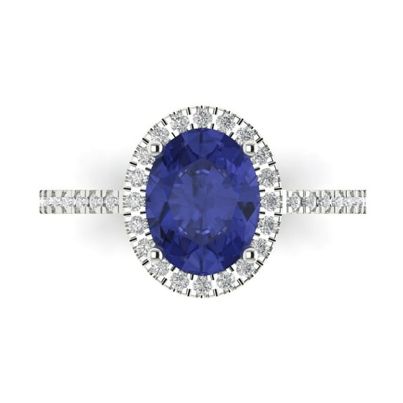 2.27 ctw with Simulated Diamond Halo Accents Anniversary Ring for Women | Oval Cut Simulated Tanzanite | Hyperallergenic Solid 14K White Gold