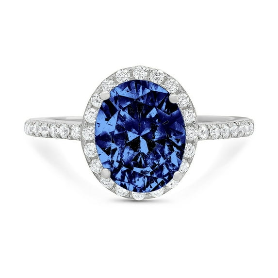 2.27 ct Oval Cut Simulated Tanzanite with Simulated Diamond Halo Accents 18K White Gold Womens Engagement Ring