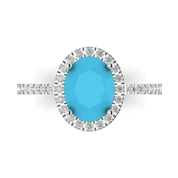 2.27 ct Oval Cut Simulated Turquoise with Simulated Diamond Halo Accents 18K White Gold Womens Engagement Ring