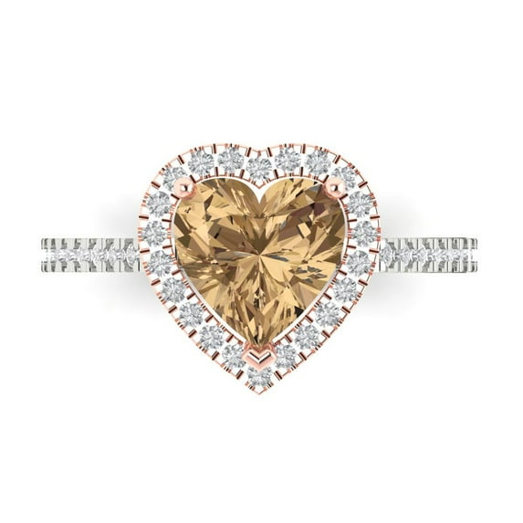Clara Pucci 14K White/Rose Gold Solid Gold Champagne Halo Anniversary Ring for Women - 2.285 cttw Heart Cut