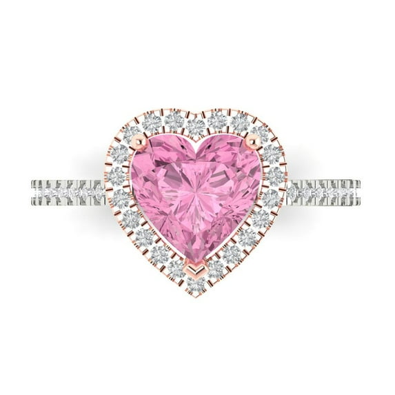 Clara Pucci 14K White/Rose Gold Solid Gold Pink Halo Anniversary Ring for Women - 2.285 cttw Heart Cut