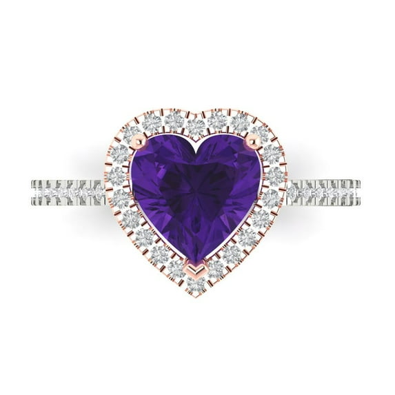 Clara Pucci 14K White/Rose Gold Solid Gold Amethyst Halo Anniversary Ring for Women - 2.285 cttw Heart Cut