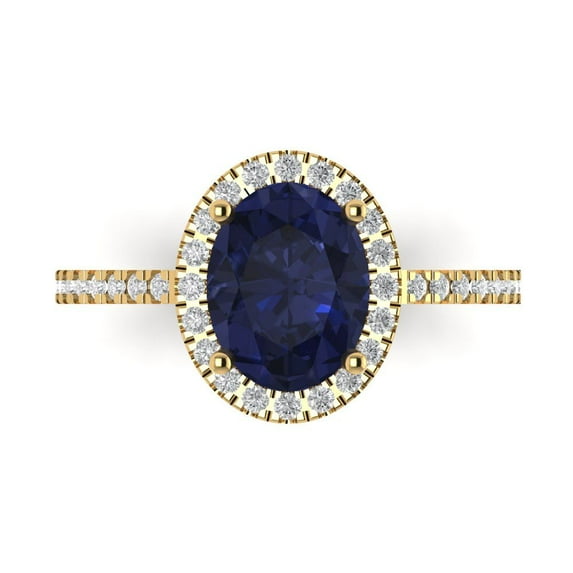 2.27 ct Oval Cut Simulated Blue Sapphire Solitaire with Accents Engagement Ring for Women in 18K Yellow Gold