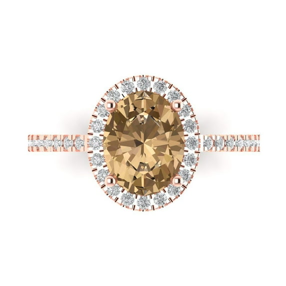 Clara Pucci 14K Rose Gold Solid Gold Champagne Solitaire with Accents Anniversary Ring for Women - 2.27 cttw Oval Cut