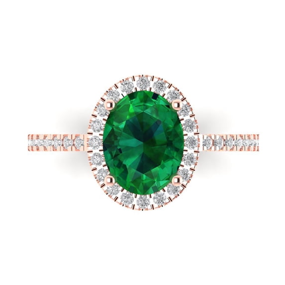 Clara Pucci 14K Rose Gold Solid Gold Emerald Solitaire with Accents Anniversary Ring for Women - 2.27 cttw Oval Cut