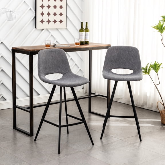 2 28.25" Counter Height Stools In Gray, With Upholstery, Metal Legs And Footrest For Bar Use Gray Stools, Of 2, Stable Built-in