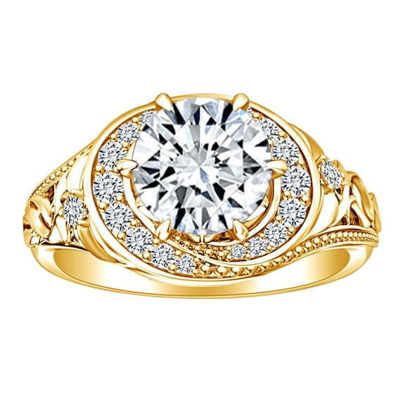 AFFY 2.28 Carat Round Shape Moissanite & Natural Diamond Filigree Engagement Ring 14K Solid Yellow Gold Ring Size-9