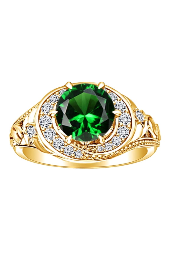 2.28 Carat Round Shape Simulated Emerald & Natural Diamond Filigree Engagement Ring 14K Solid Yellow Gold Ring Size-6.5
