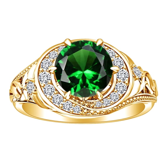 AFFY 2.28 Carat Round Shape Simulated Emerald & Natural Diamond Filigree Engagement Ring 14K Solid Yellow Gold Ring Size-7