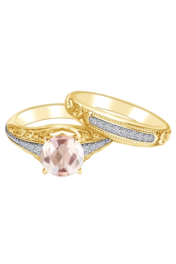 2.28 Carat Round Shape Simulated Morganite & Natural Diamond Filigree Engagement Ring 14K Solid Yellow Gold Ring Size-8