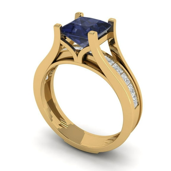 2.28 ct Brilliant Princess Cut Blue Sapphire 18K Yellow Gold Solitaire with Accents Engagement Bridal Wedding Ring Band Set size 3.5