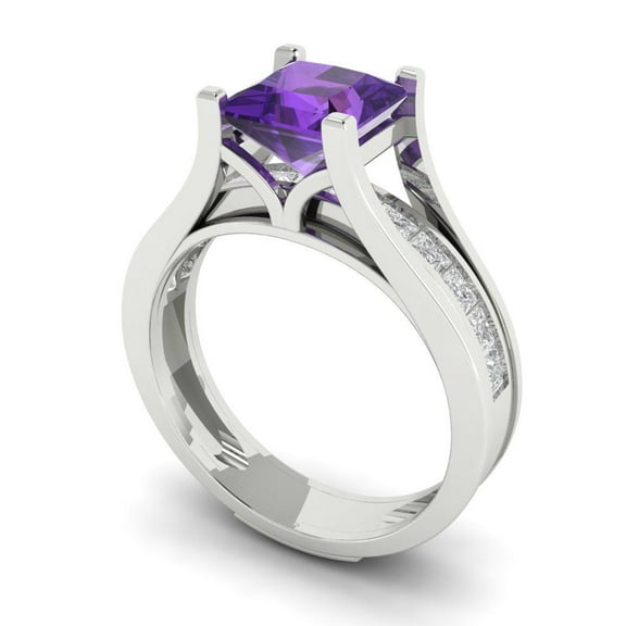 2.28 ct Brilliant Princess Cut Natural Amethyst 18K White Gold Solitaire with Accents Engagement Bridal Wedding Ring Band Set size 3.5