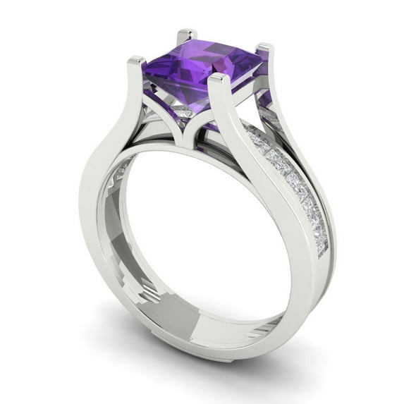 2.28 ct Brilliant Princess Cut Natural Amethyst 18K White Gold Solitaire with Accents Engagement Bridal Wedding Ring Band Set size 7.5