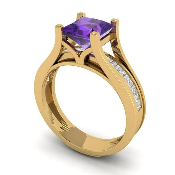 2.28 ct Brilliant Princess Cut Natural Amethyst 18K Yellow Gold Solitaire with Accents Engagement Bridal Wedding Ring Band Set size 8.5