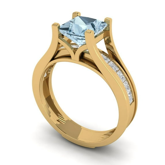 2.28 ct Brilliant Princess Cut Natural Aquamarine 18K Yellow Gold Solitaire with Accents Engagement Bridal Wedding Ring Band Set size 6